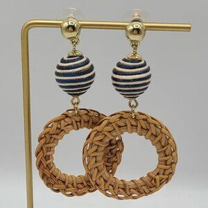 J Crew Rattan Circle Earrings with Blue White Beads Studs